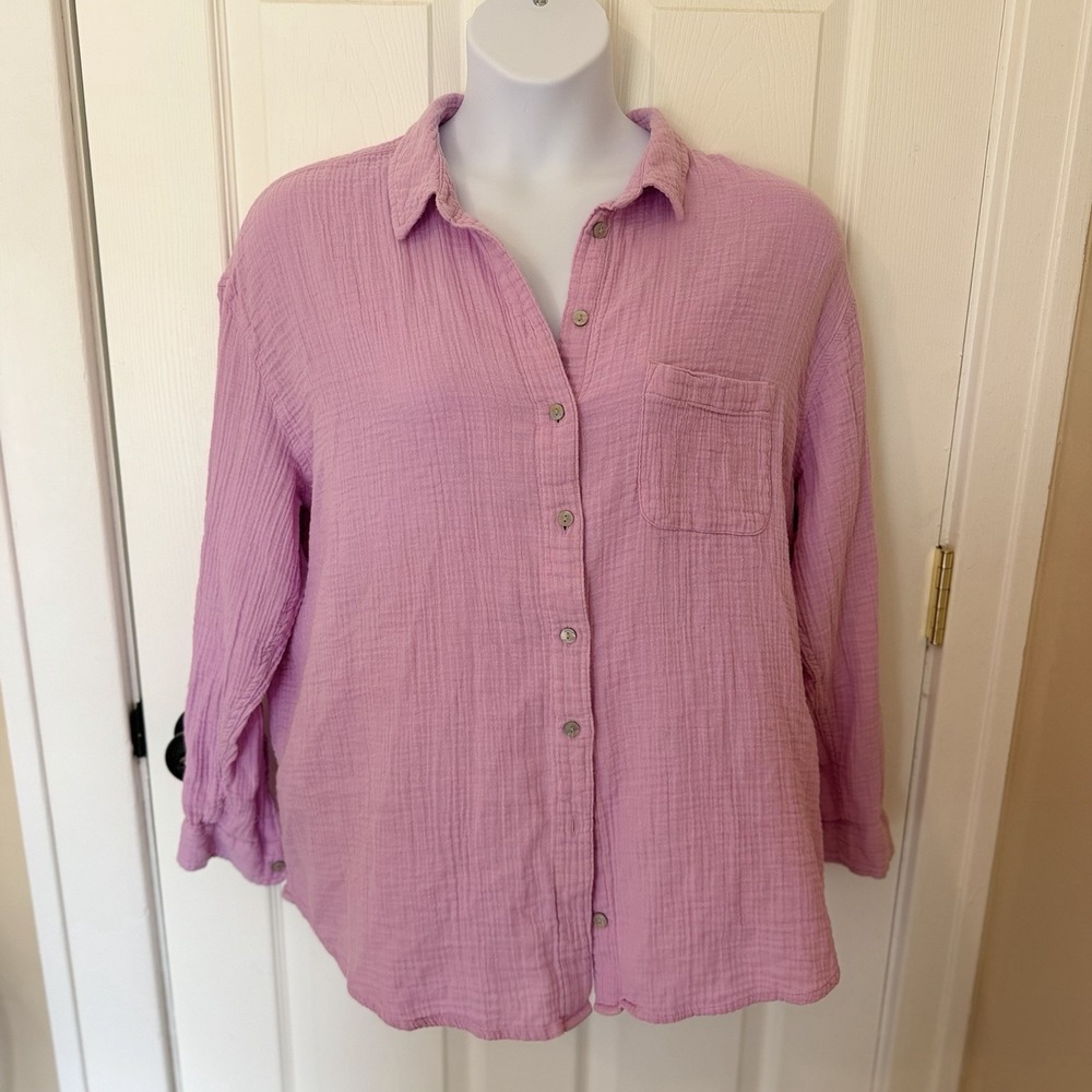 Womens Lavender Pink Gauze Button Up Long Sleeve Shirt Plus Size XXL Lightweight